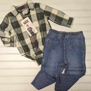 NWT Wrangler Green Plaid Shirt and Blue Jeans Set